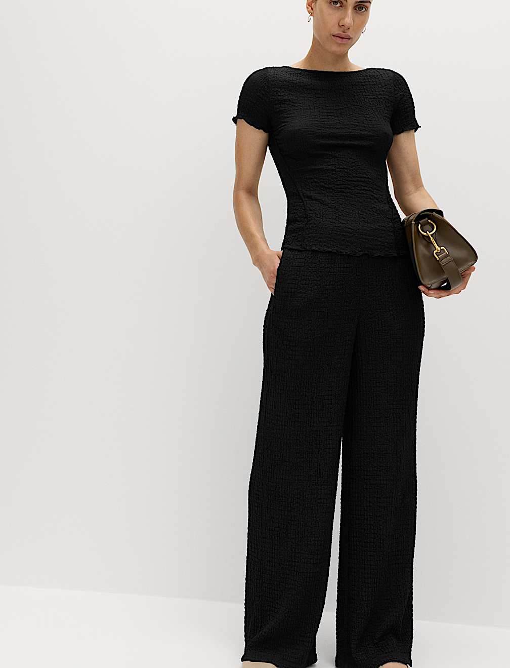 Textured Pull On Wide Leg Trousers