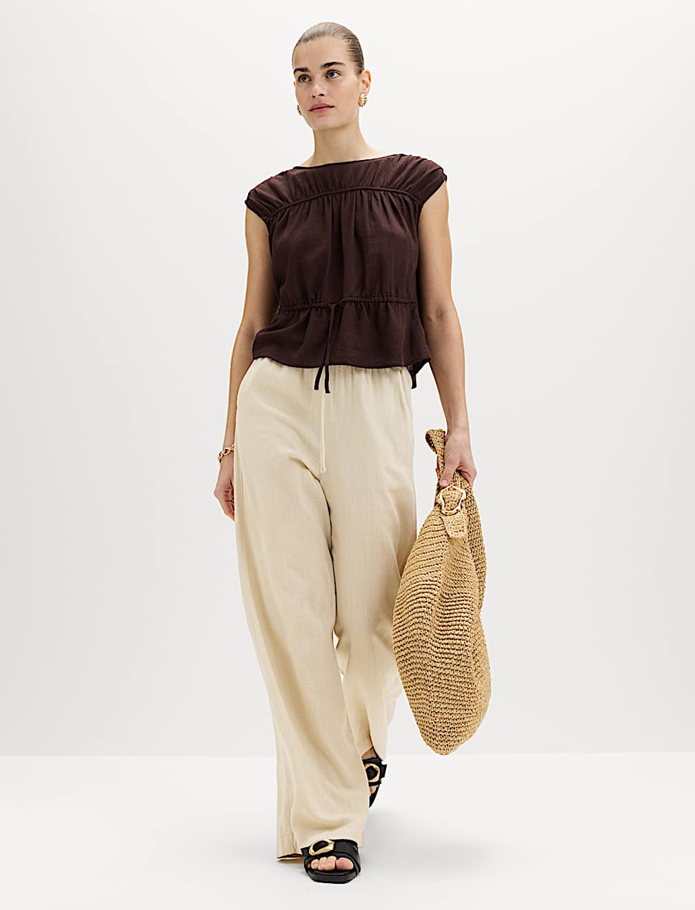 Drawstring Wide Leg Trousers with Linen