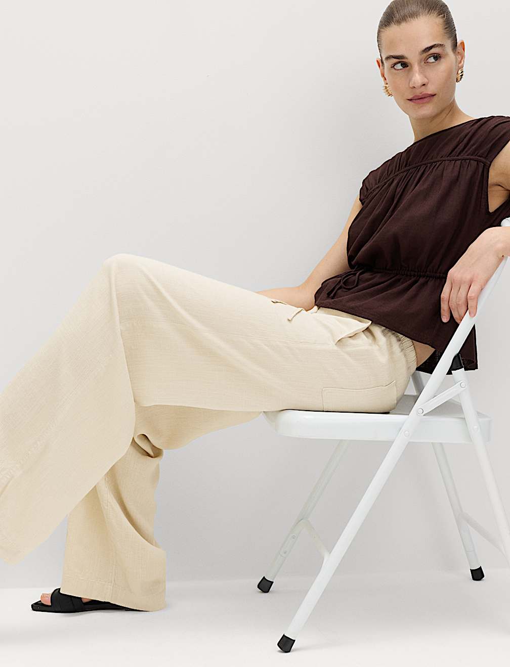 Drawstring Wide Leg Trousers with Linen