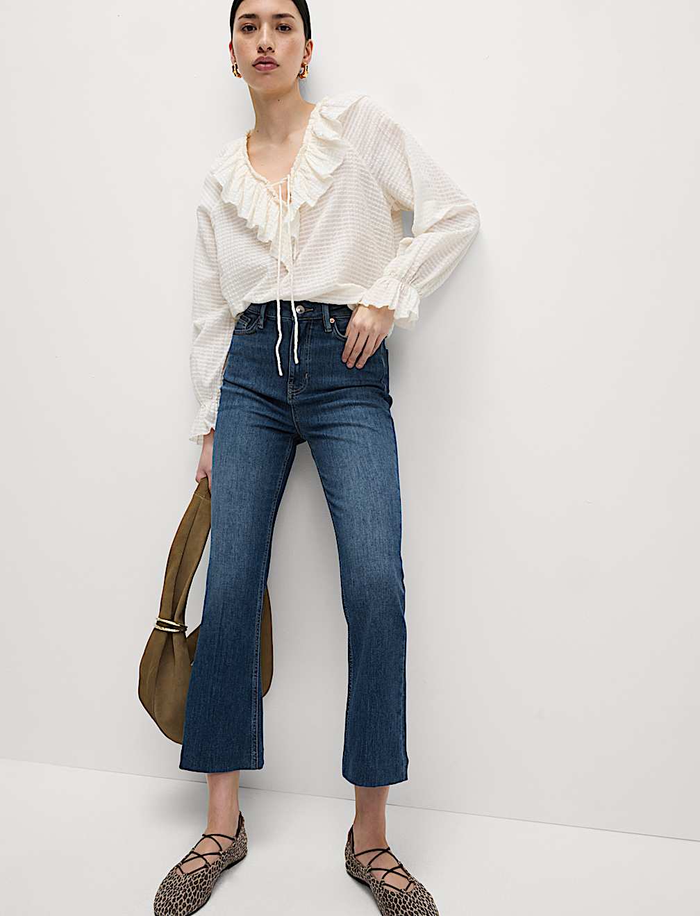 High Waisted Slim Flare Cropped Jeans