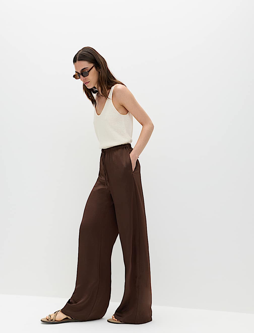 Satin Drawstring Wide Leg Trousers