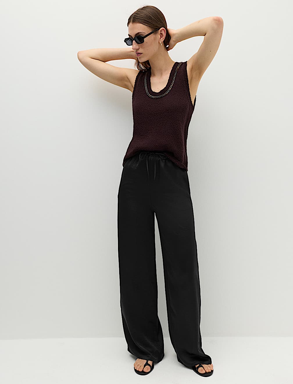 Satin Drawstring Wide Leg Trousers