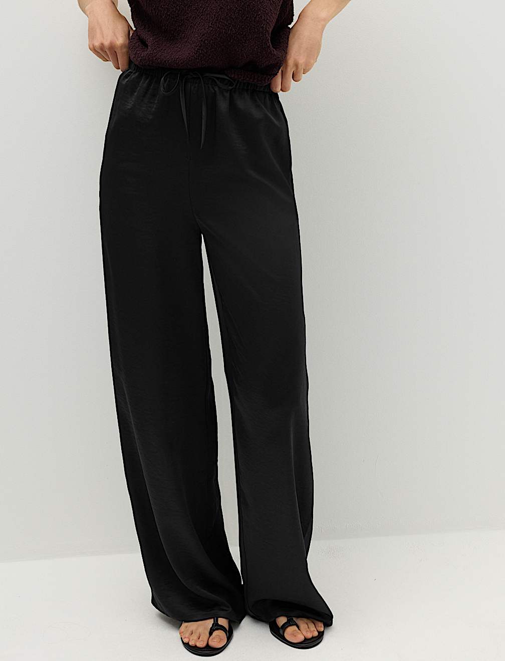 Satin Drawstring Wide Leg Trousers