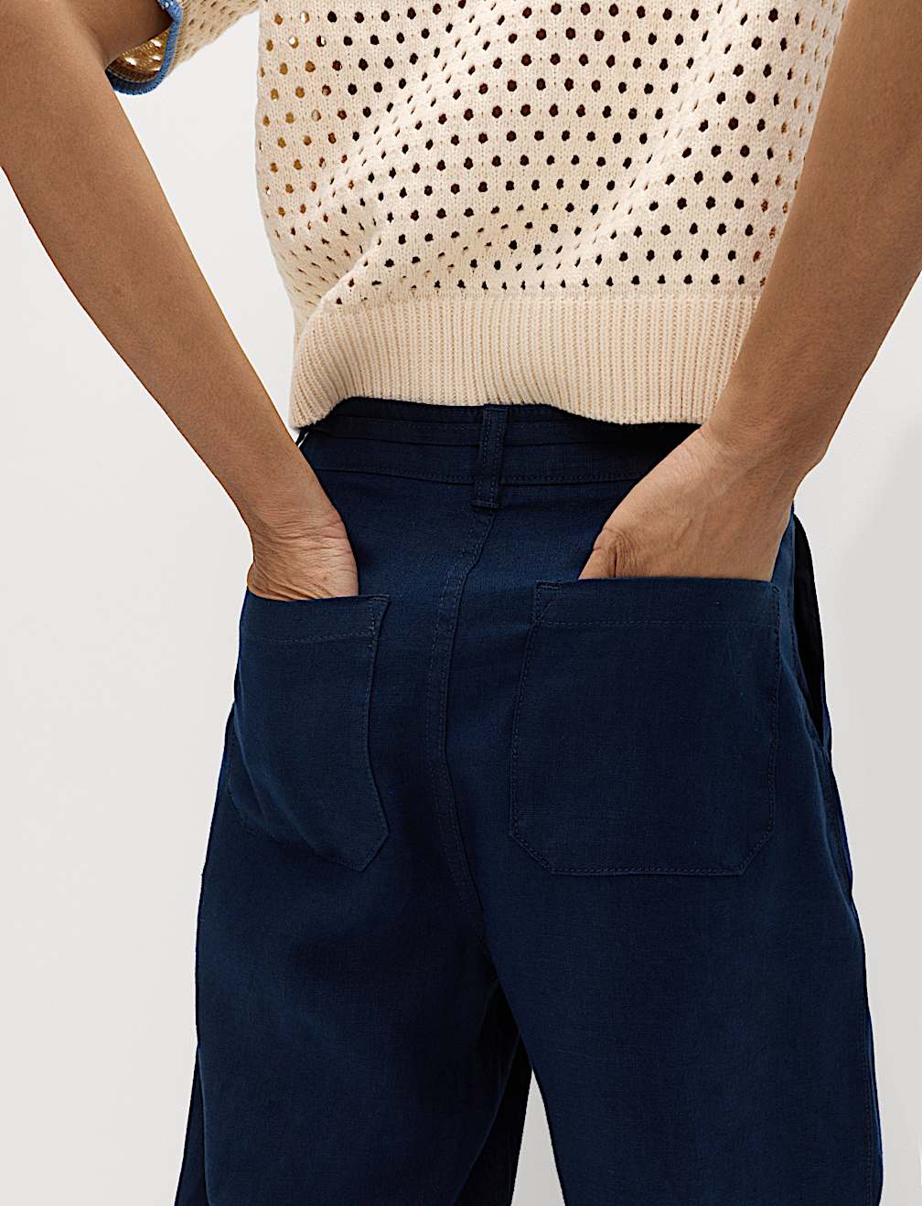 Pure Linen Pleat Front Belted Tapered Trousers