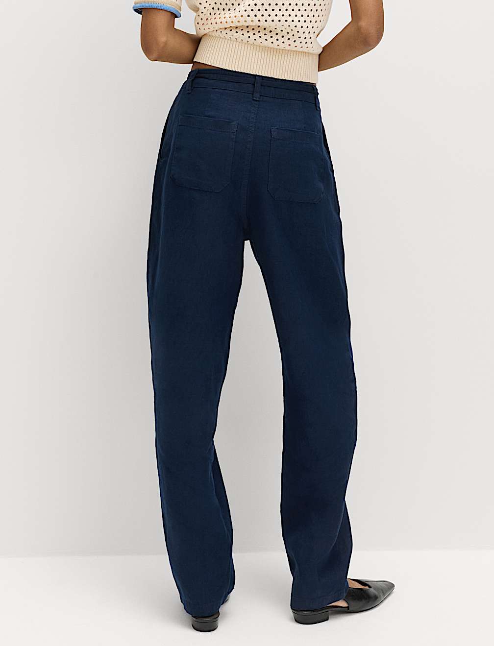 Pure Linen Pleat Front Belted Tapered Trousers