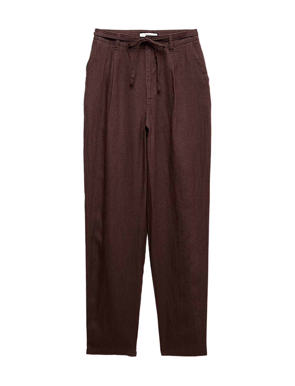 Pure Linen Pleat Front Belted Tapered Trousers