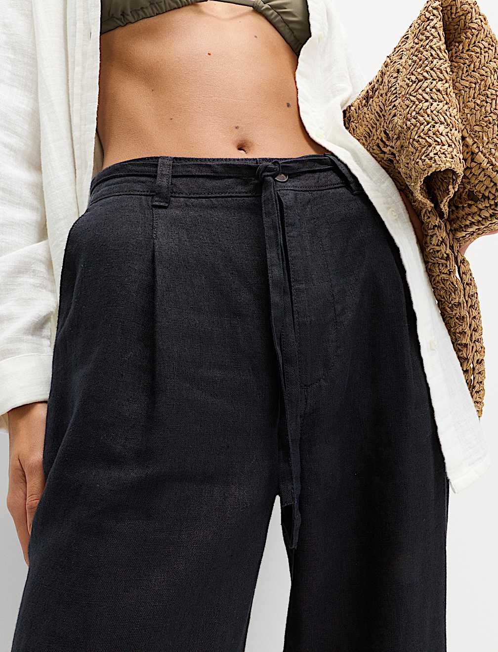 Pure Linen Pleat Front Belted Tapered Trousers