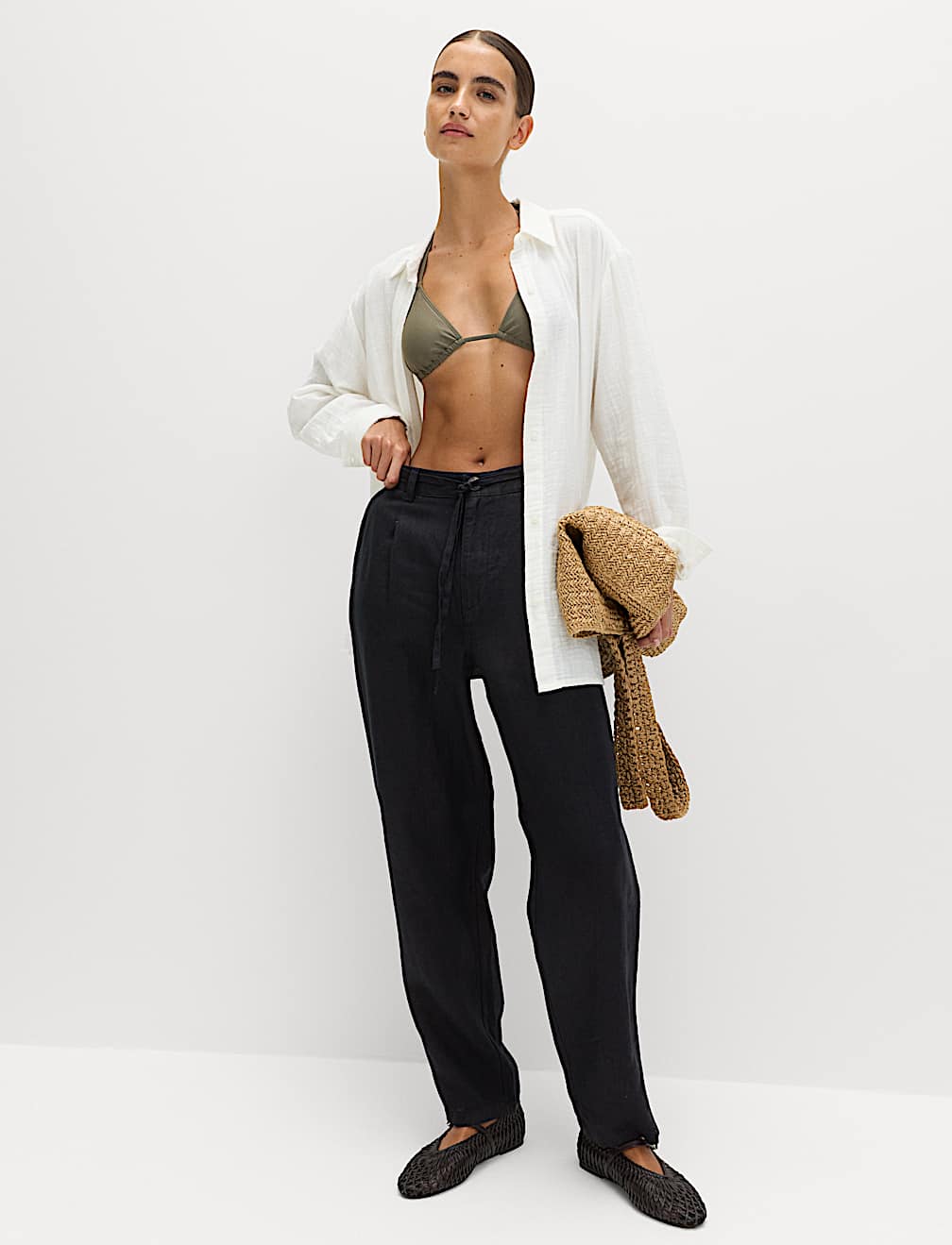 Pure Linen Pleat Front Belted Tapered Trousers