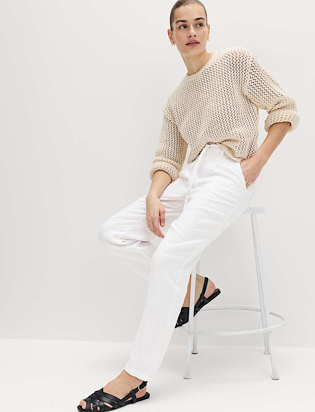 Pure Linen Pleat Front Belted Tapered Trousers