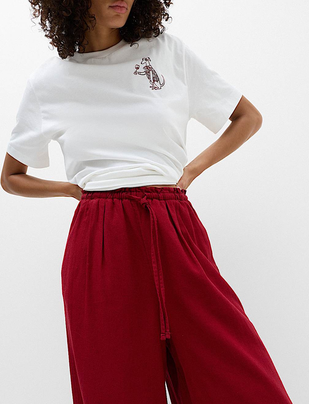 Linen Rich Drawstring Wide Leg Trousers