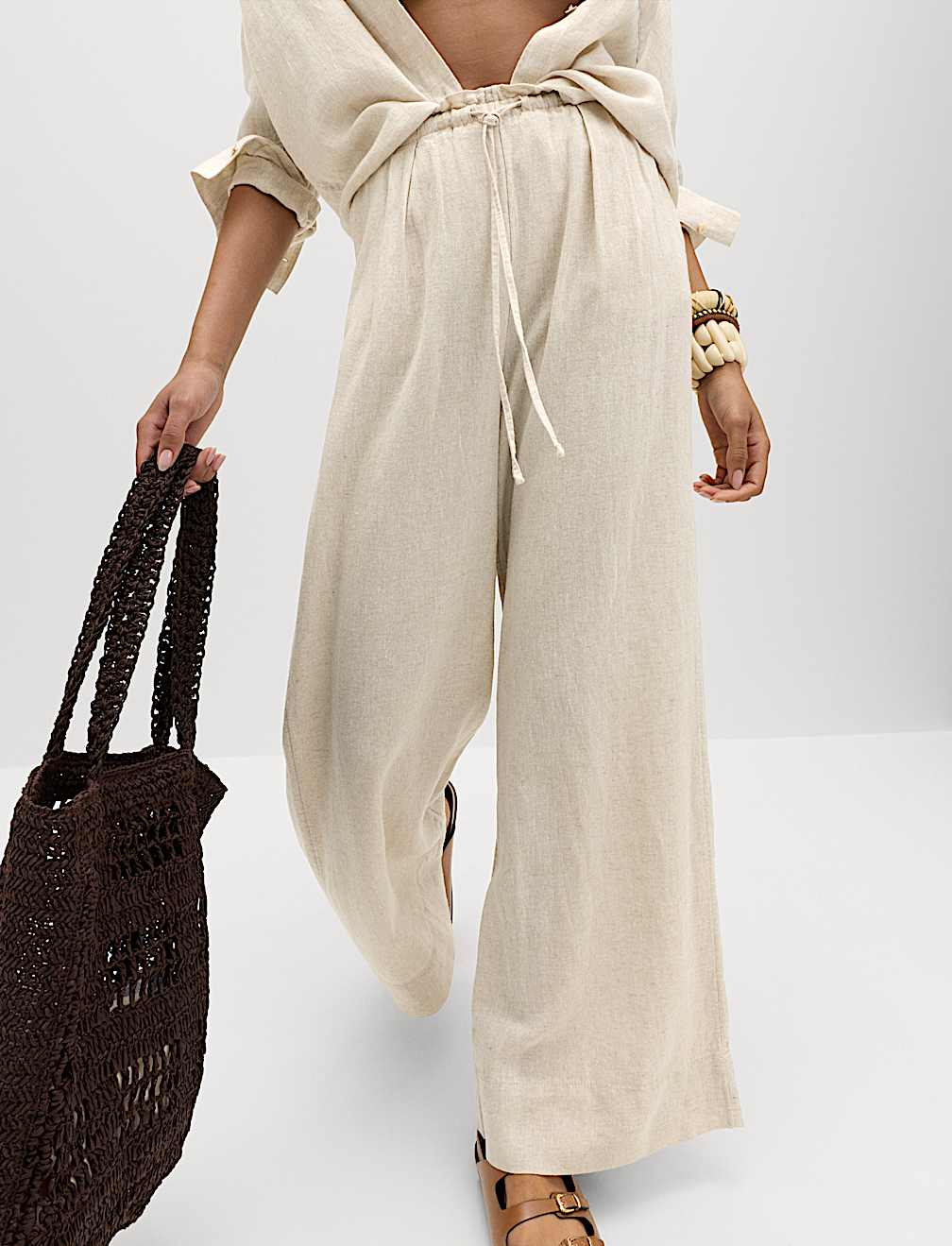 Linen Rich Drawstring Wide Leg Trousers