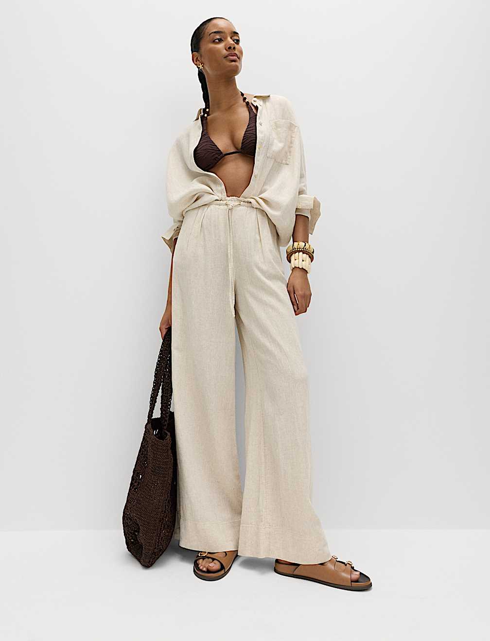 Linen Rich Drawstring Wide Leg Trousers