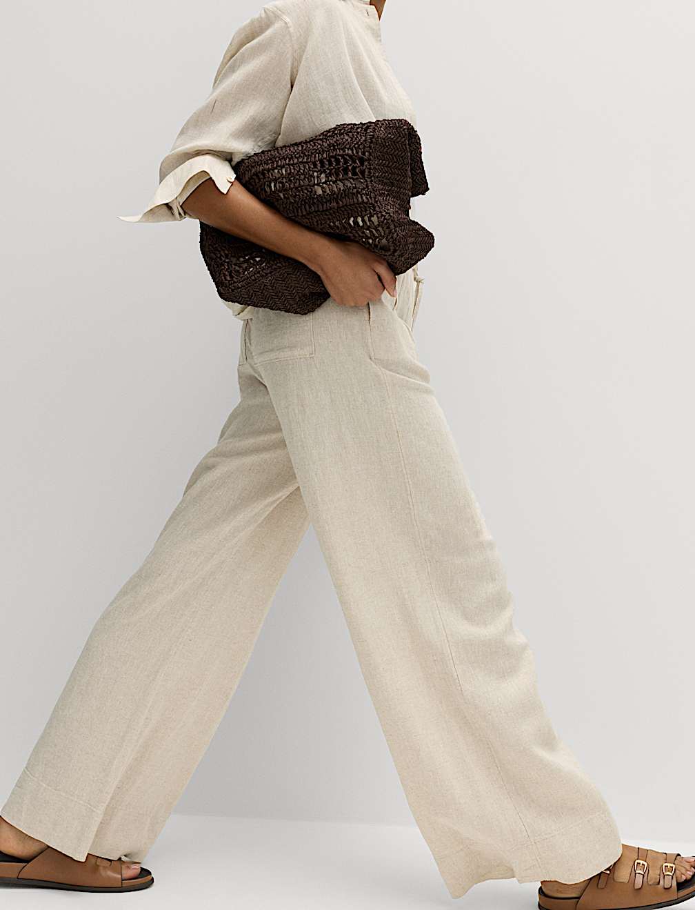 Linen Rich Drawstring Wide Leg Trousers