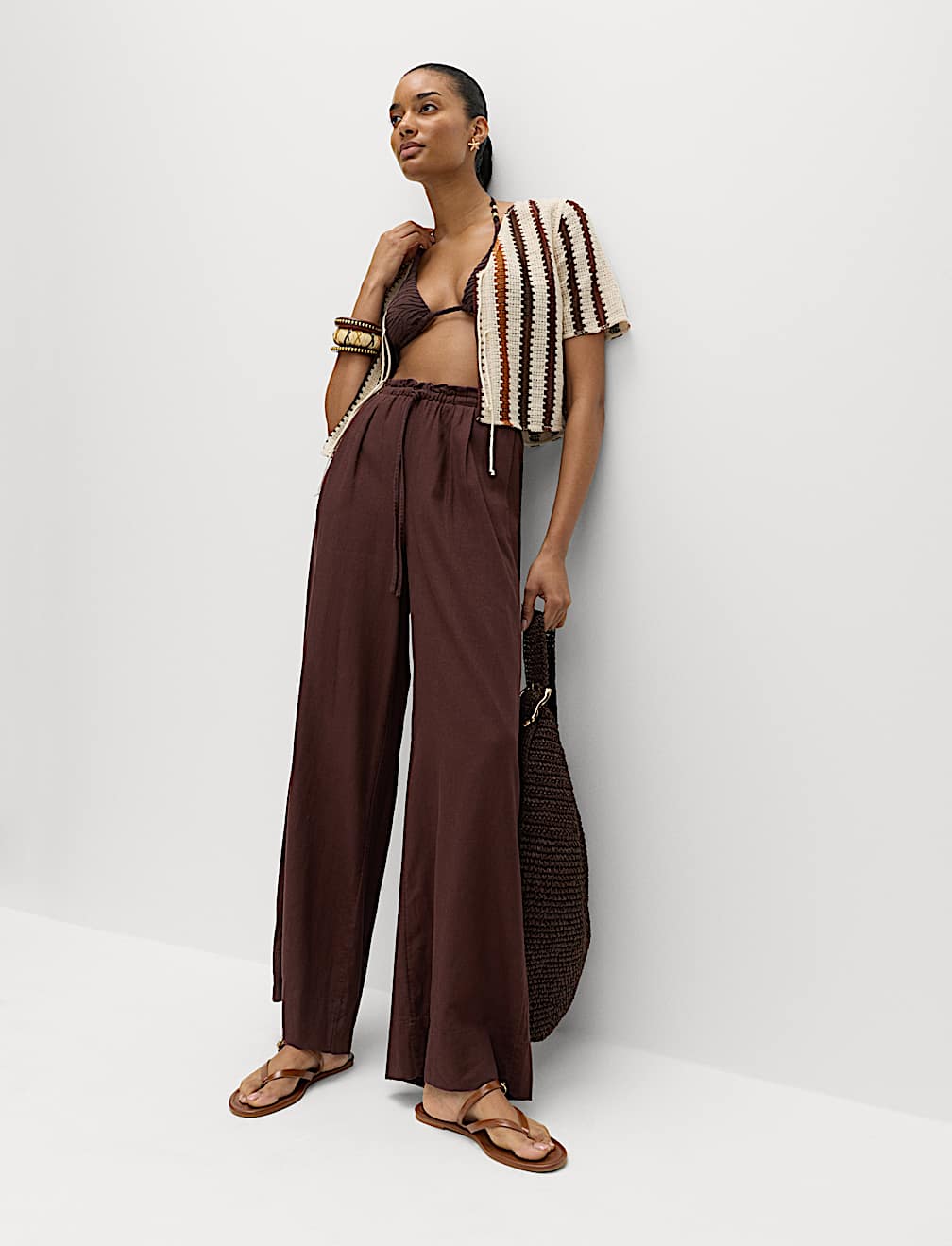 Linen Rich Drawstring Wide Leg Trousers