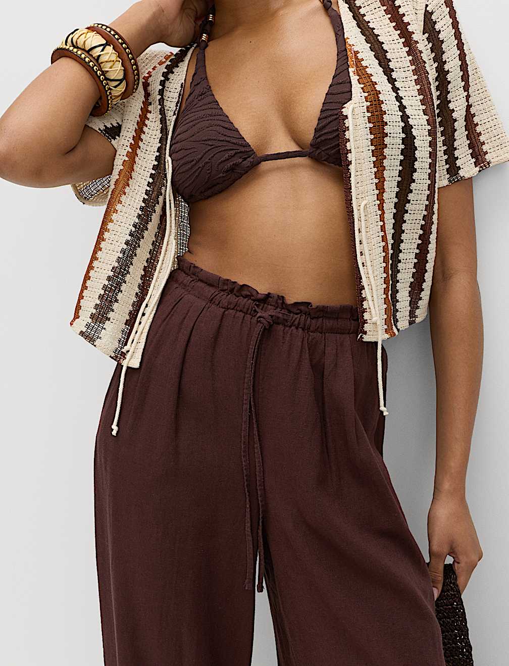 Linen Rich Drawstring Wide Leg Trousers