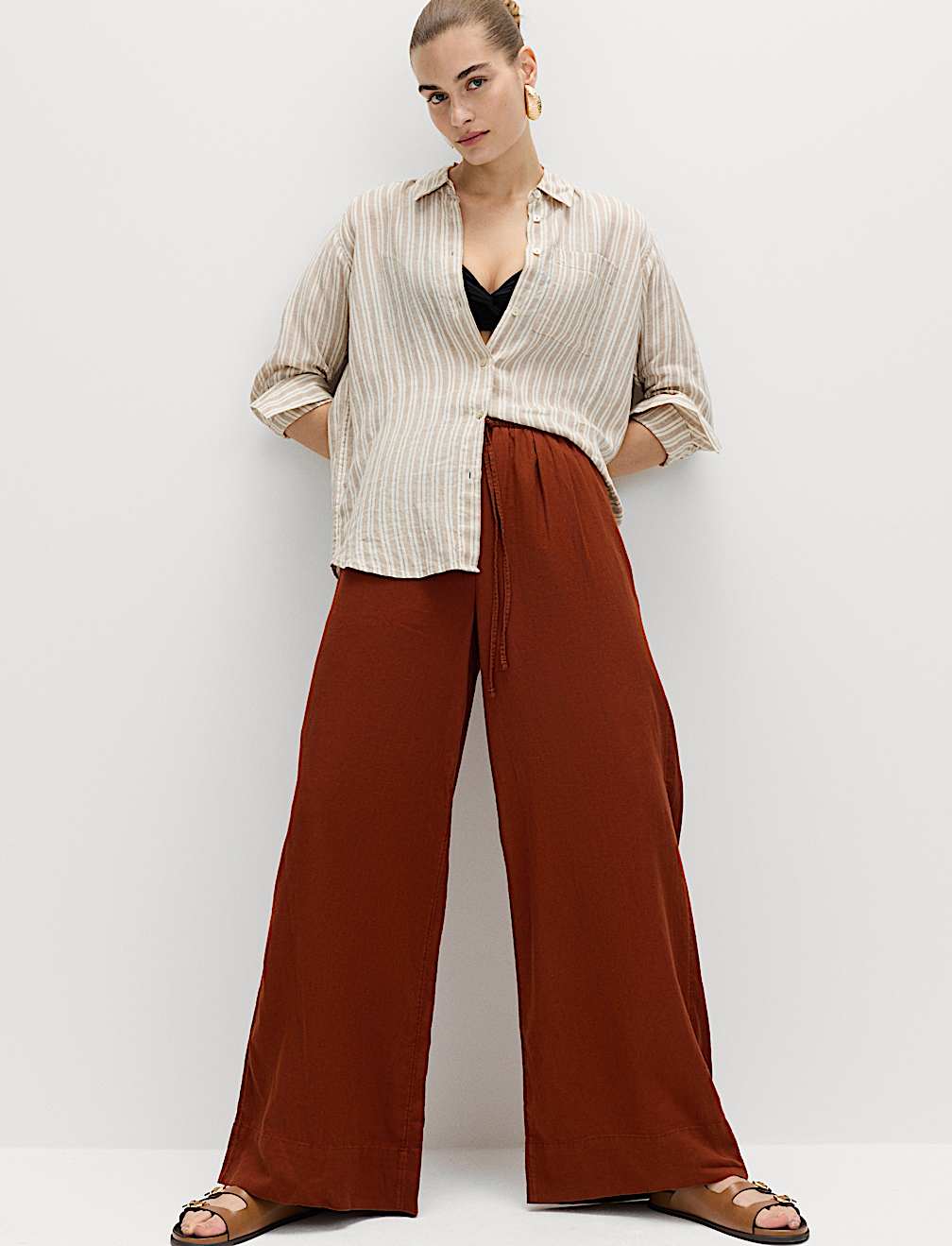 Linen Rich Drawstring Wide Leg Trousers
