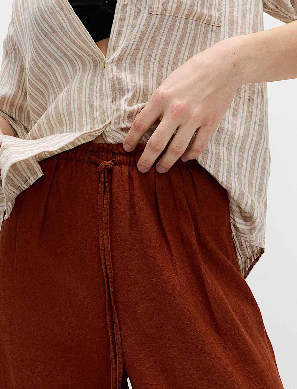Linen Rich Drawstring Wide Leg Trousers