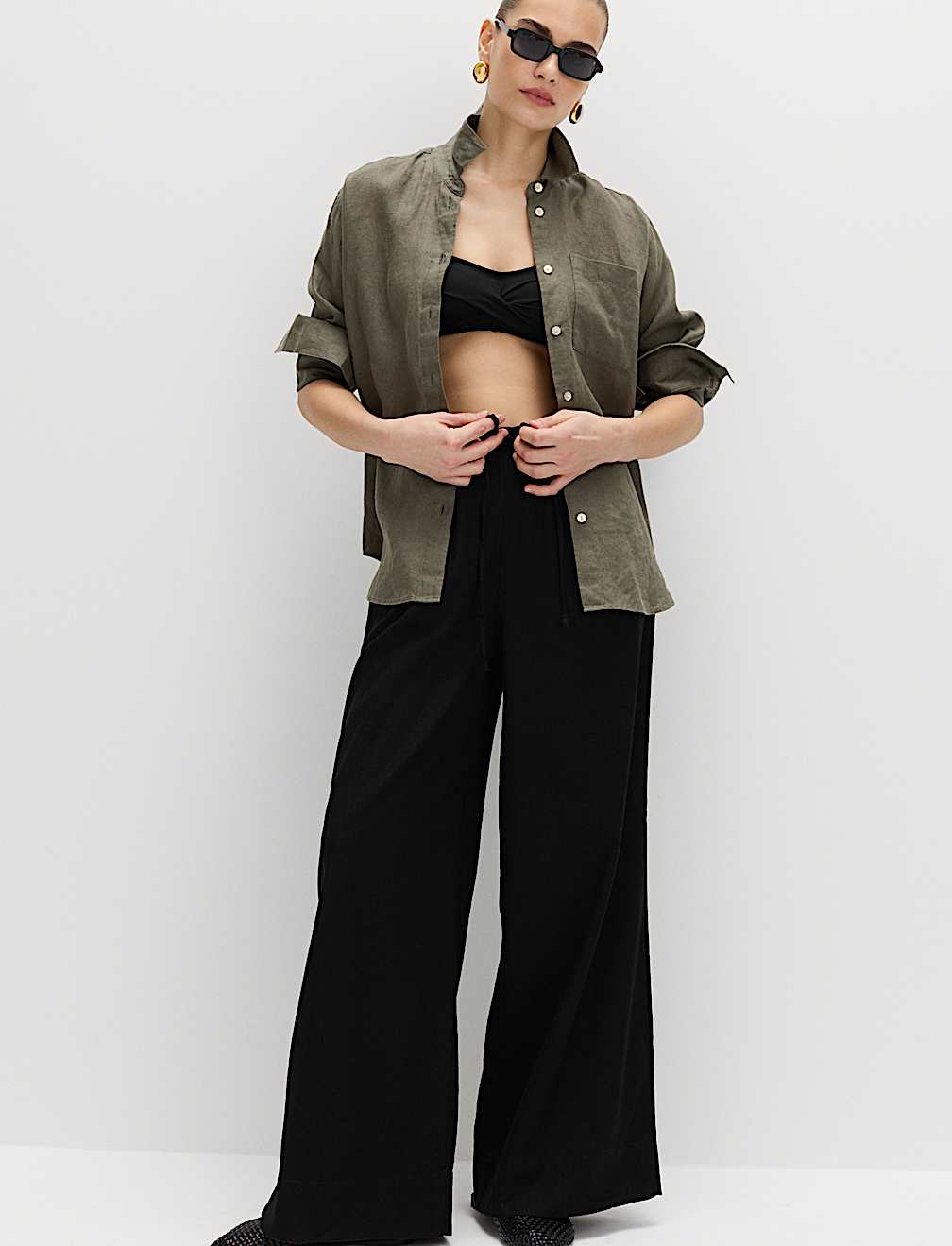 Linen Rich Drawstring Wide Leg Trousers