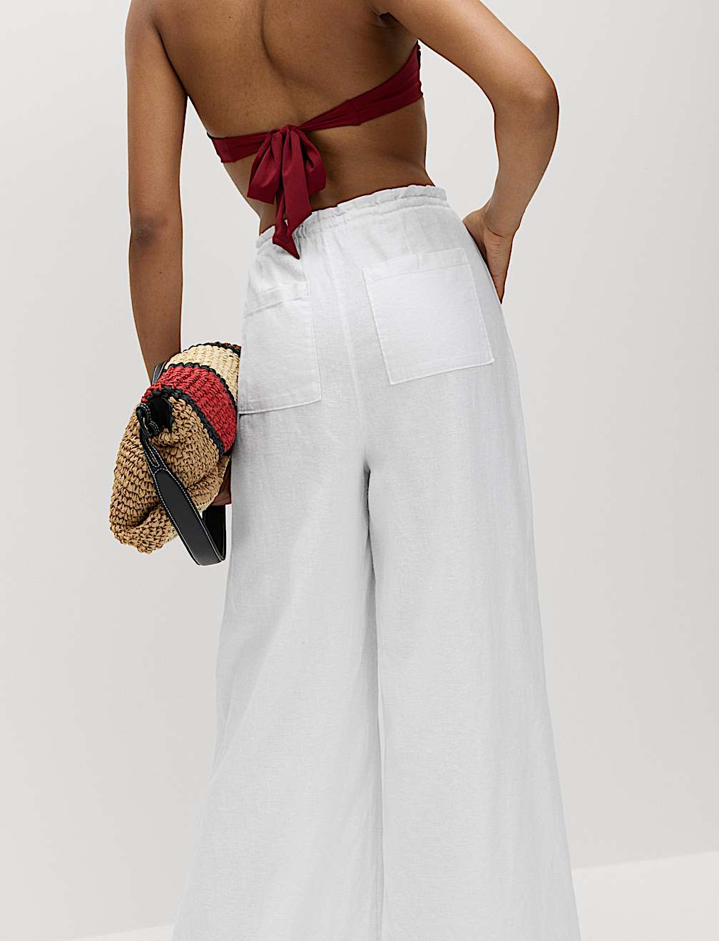 Linen Rich Drawstring Wide Leg Trousers