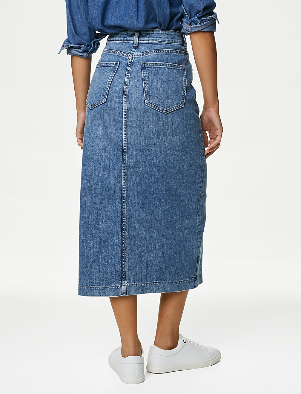 Denim Split Front Midi Skirt