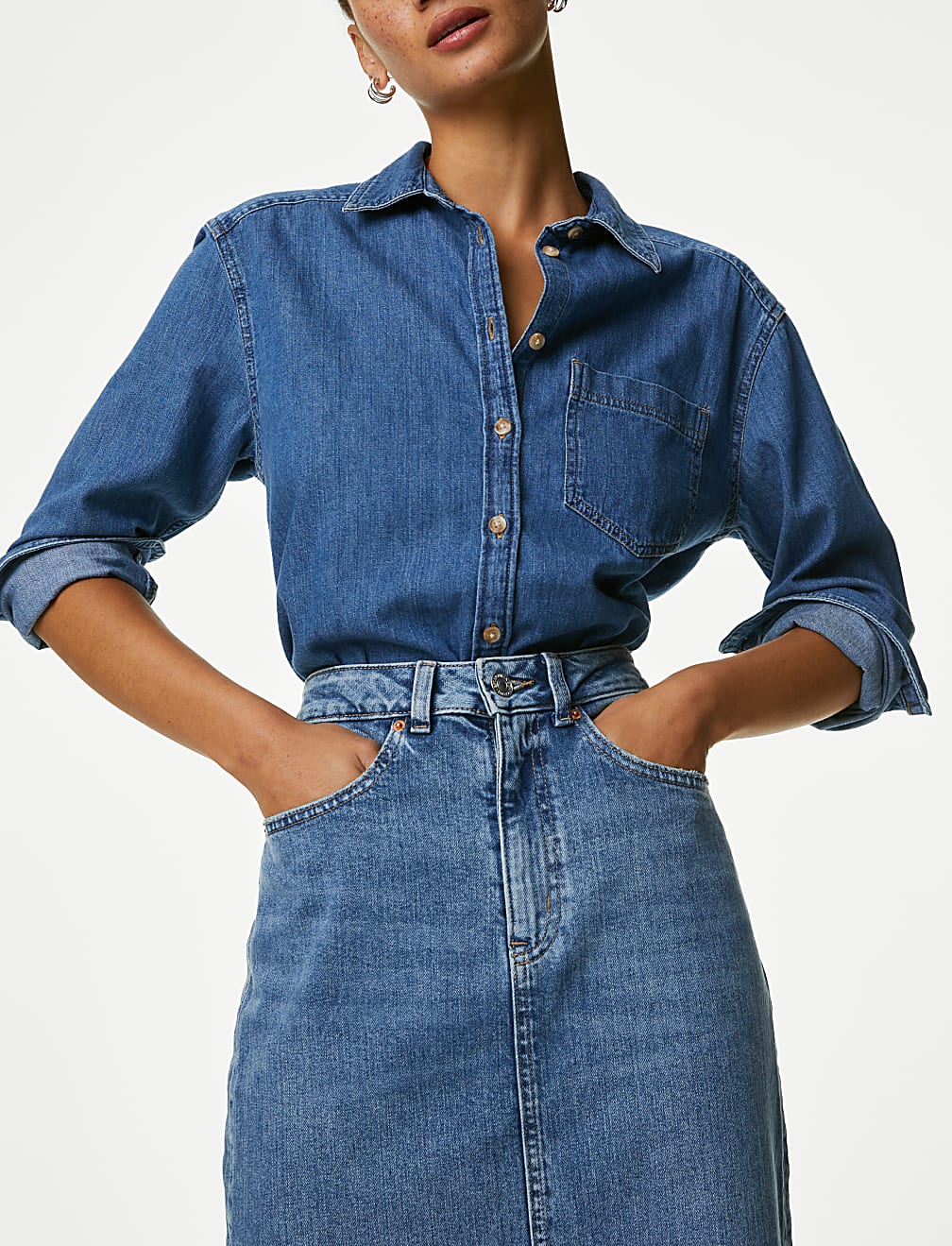 Denim Split Front Midi Skirt