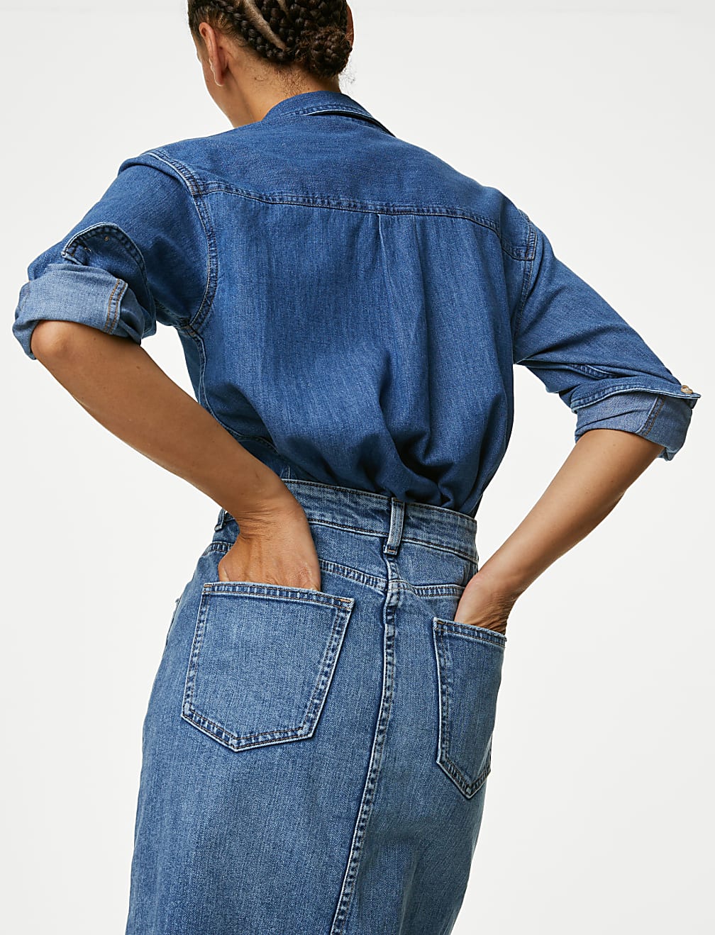 Denim Split Front Midi Skirt