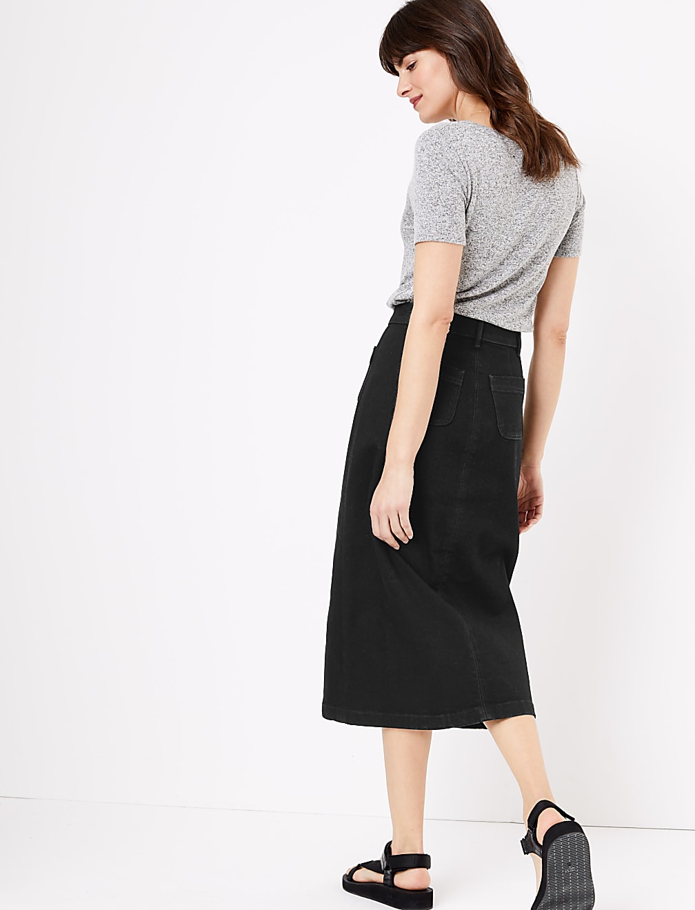 Denim Button Front Midi Skirt
