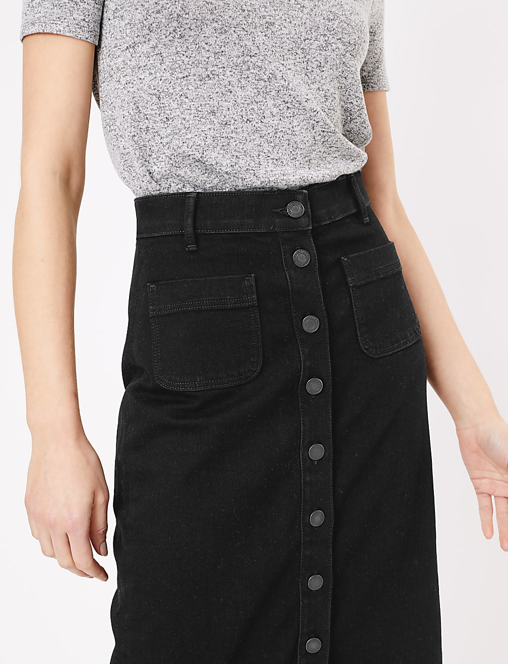 Denim Button Front Midi Skirt