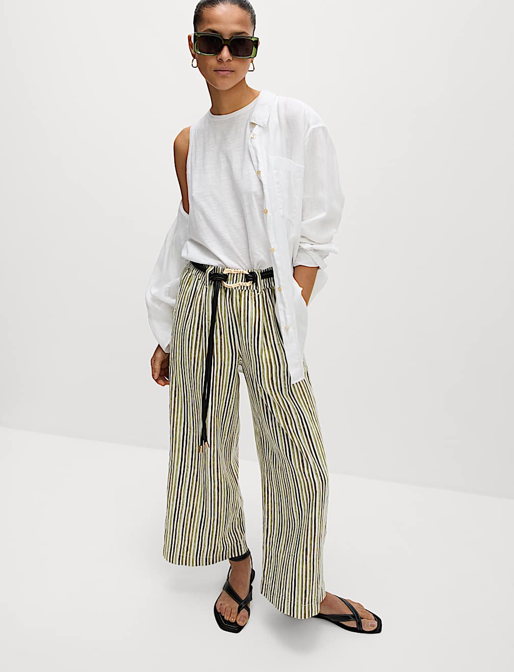 Linen Rich Wide Leg Cropped Trousers