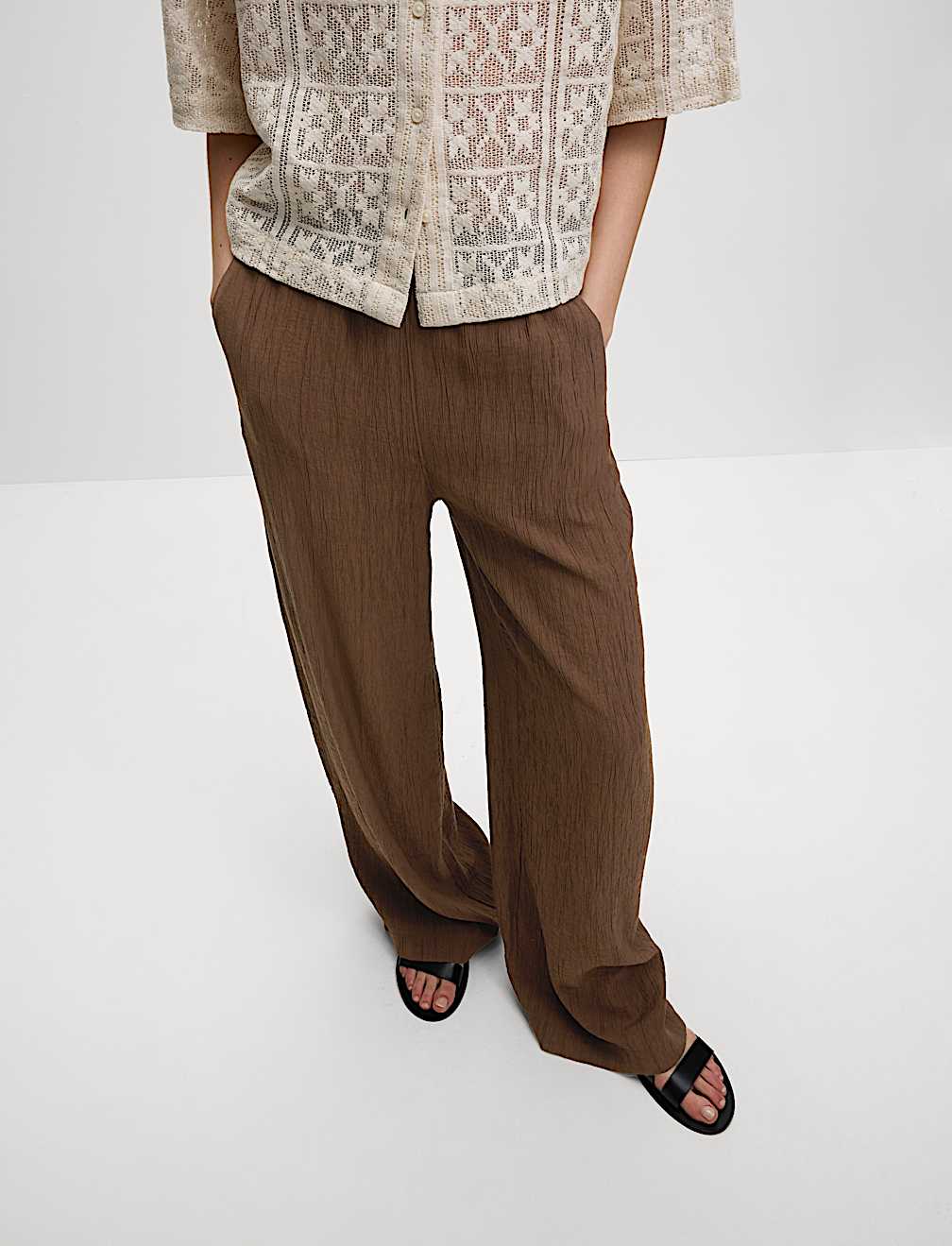 Viscose Rich Crinkle Elasticated Waist Wide Leg Trousers
