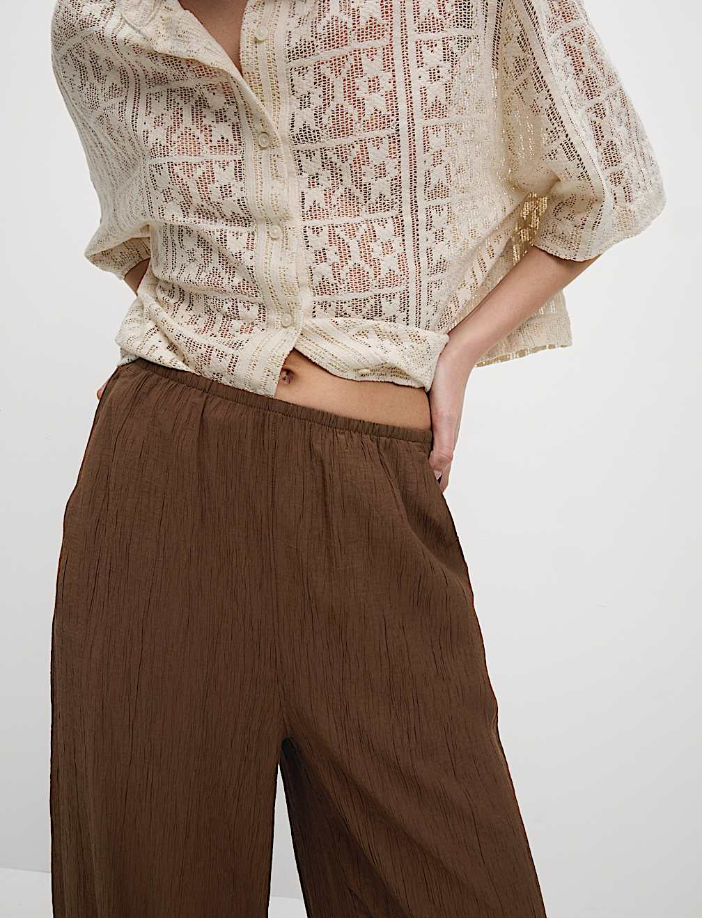Viscose Rich Crinkle Elasticated Waist Wide Leg Trousers