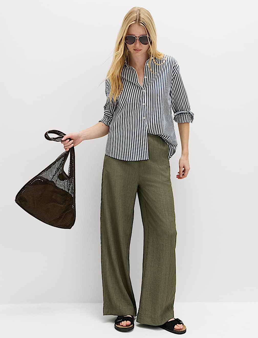 Crinkle Elasticated Waist Wide Leg Trousers