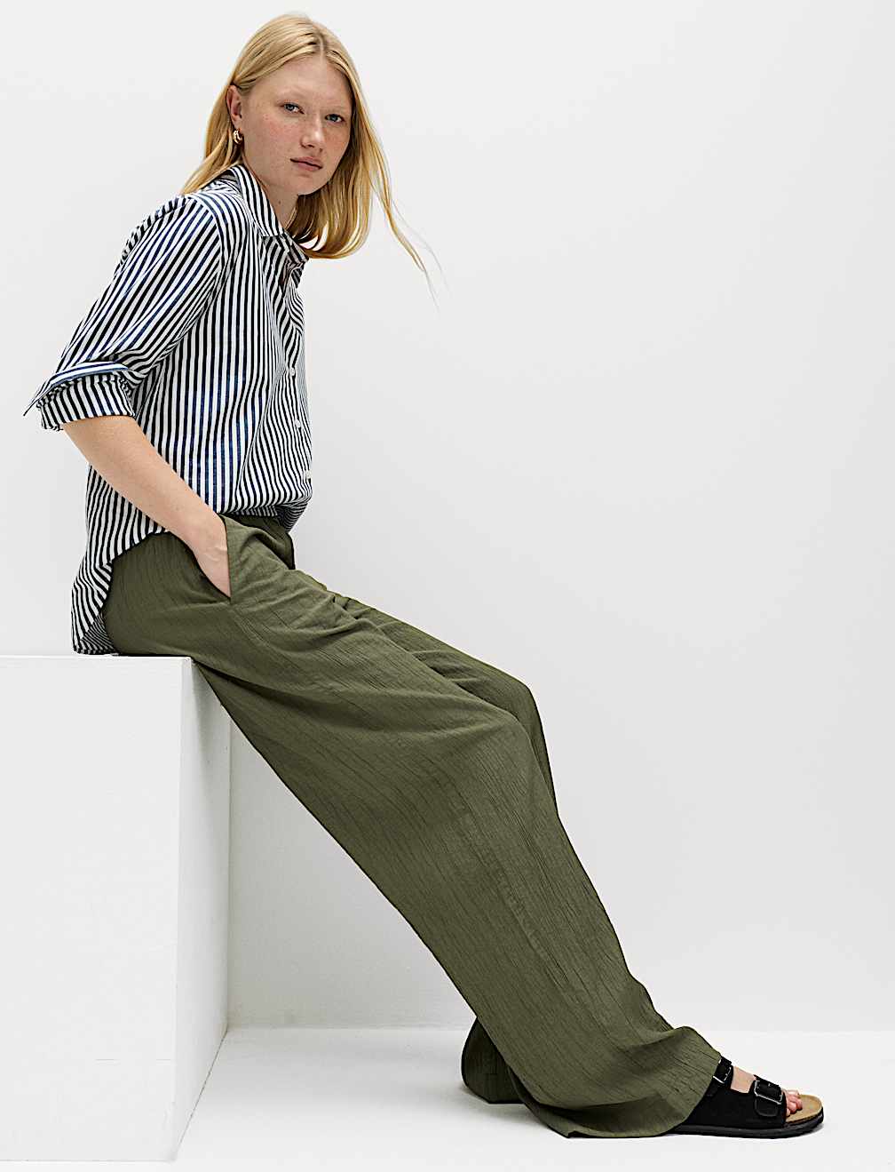 Crinkle Elasticated Waist Wide Leg Trousers