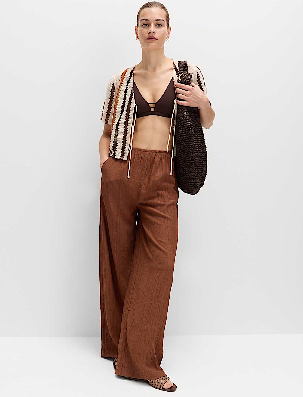 Crinkle Elasticated Waist Wide Leg Trousers