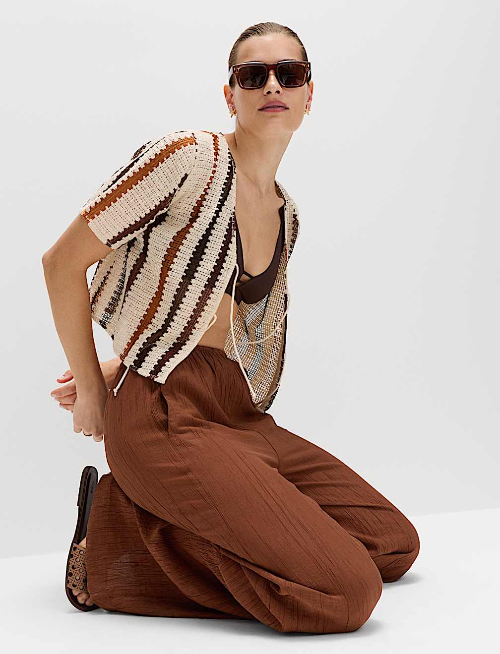 Crinkle Elasticated Waist Wide Leg Trousers