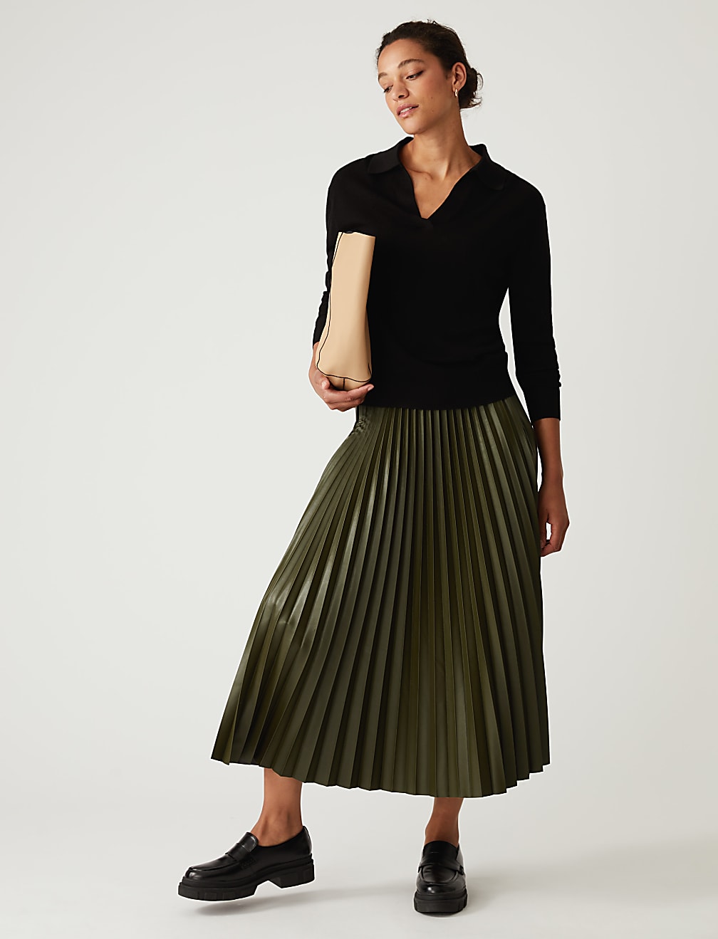 Faux Leather Pleated Midi Skirt