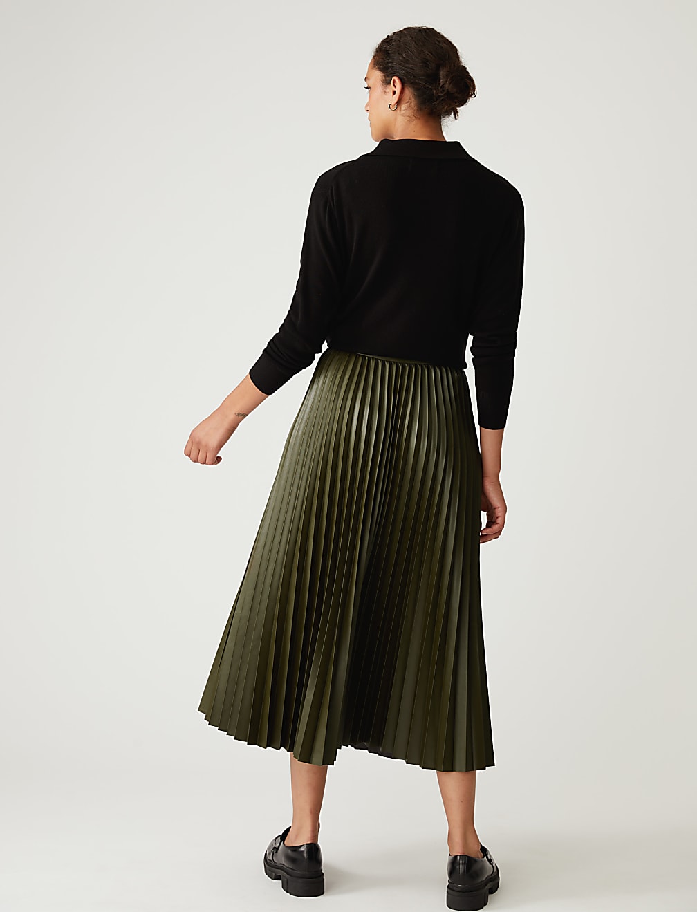 Faux Leather Pleated Midi Skirt