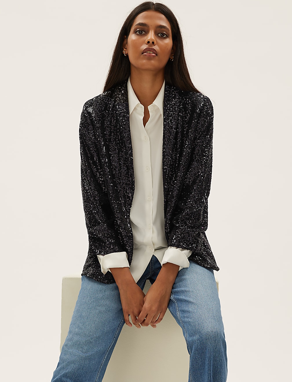 Sequin Ruched Sleeve Blazer