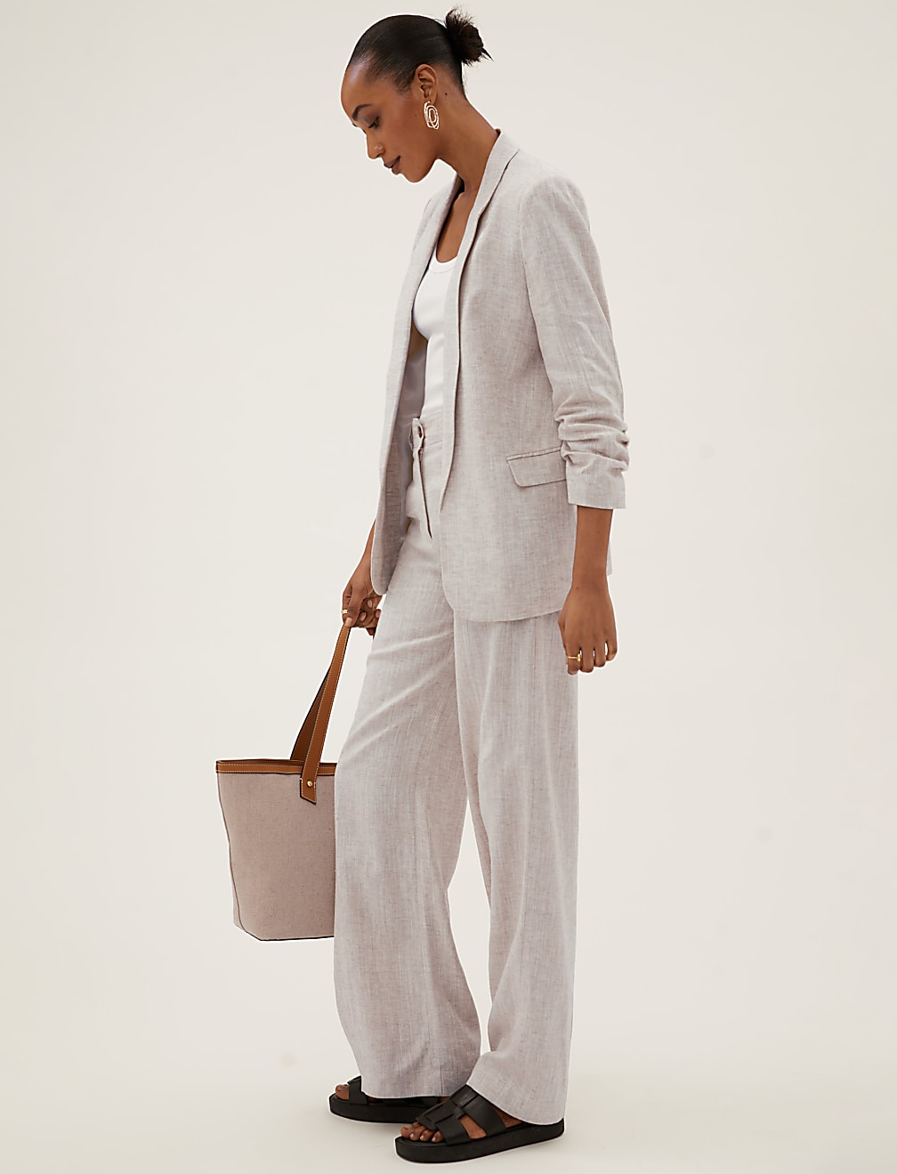 Linen Blend Ruched Sleeve Blazer