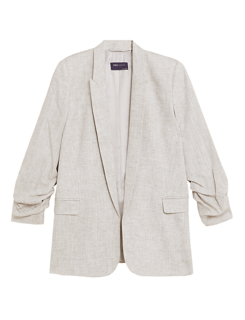 Linen Blend Ruched Sleeve Blazer