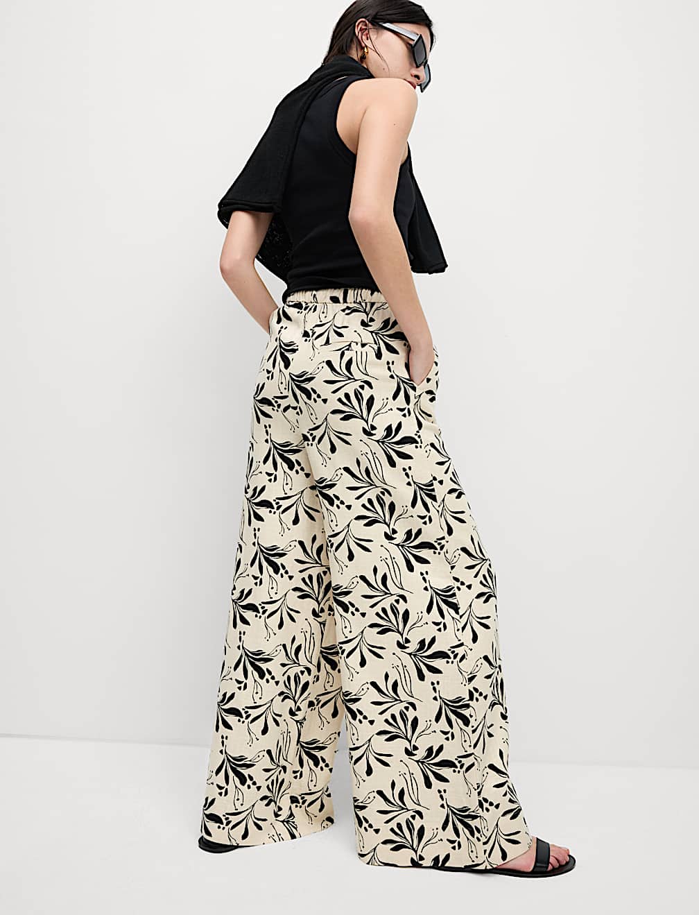 Linen Rich Printed Wide Leg Trousers