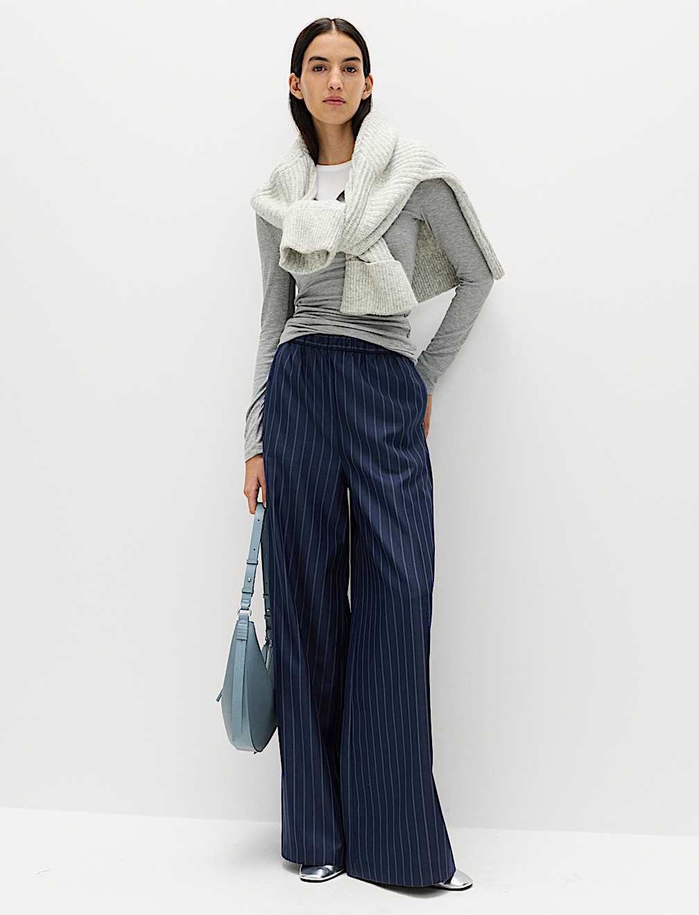 Pinstripe Elasticated Waist Wide Leg Trousers