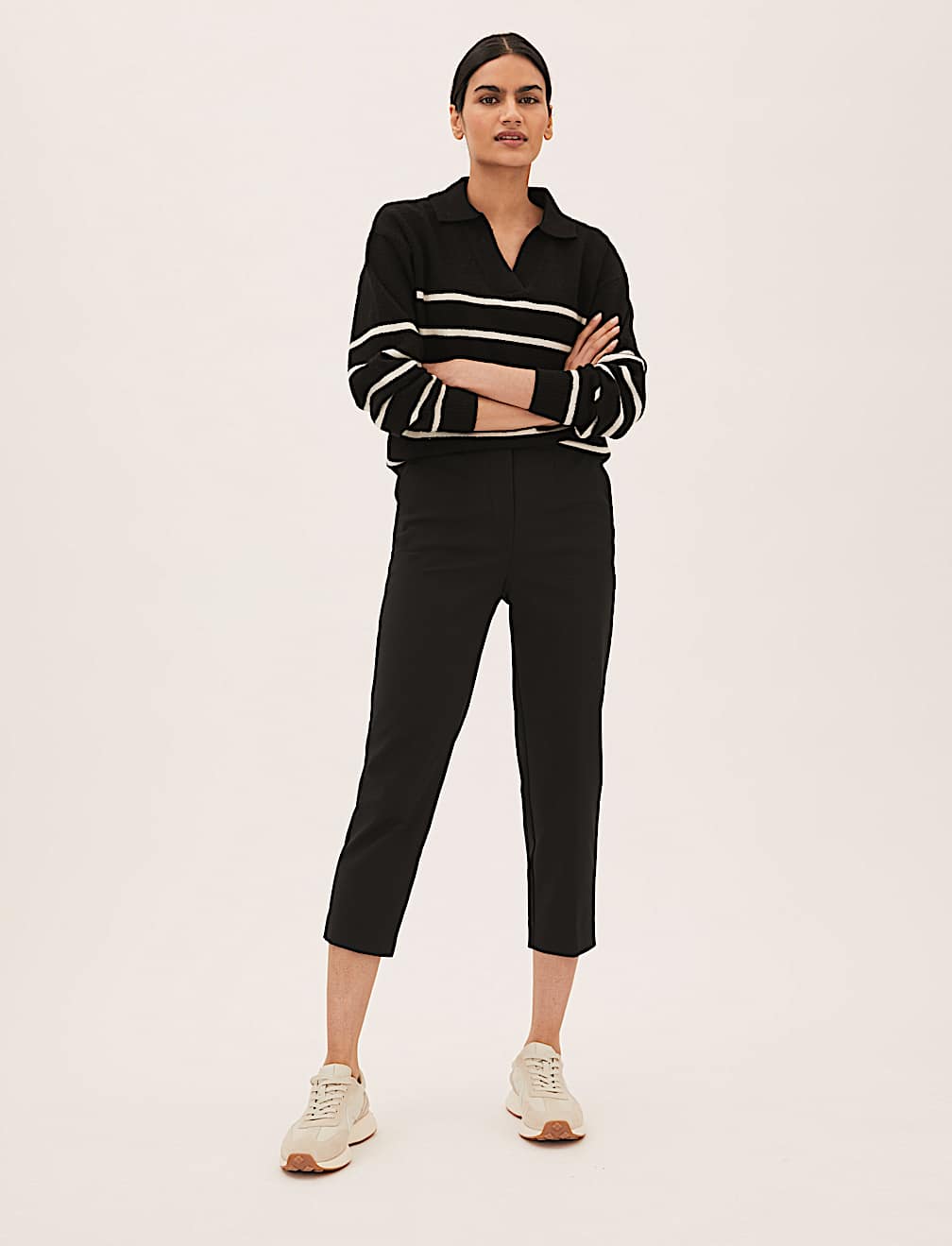 Cotton Blend Slim Fit Cropped Trousers