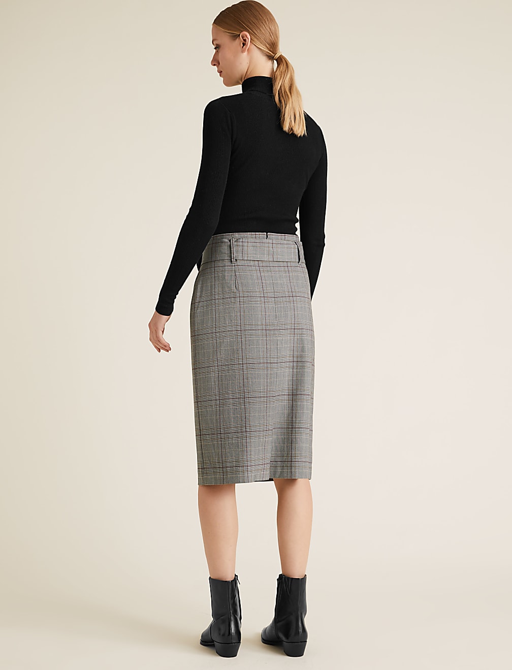 Checked Belted Knee Length Pencil Skirt
