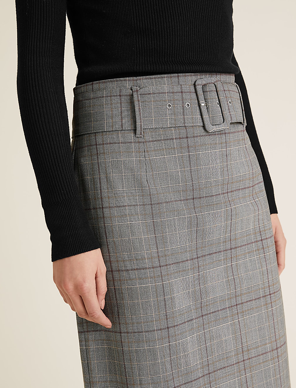 Checked Belted Knee Length Pencil Skirt