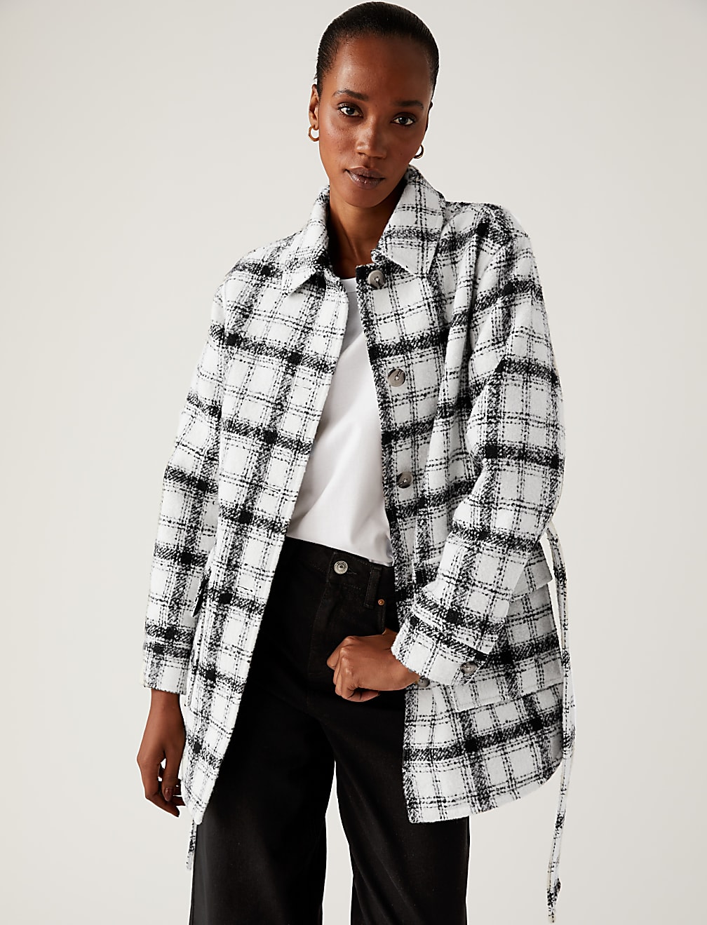 Checked Textured Belted Shacket with Wool