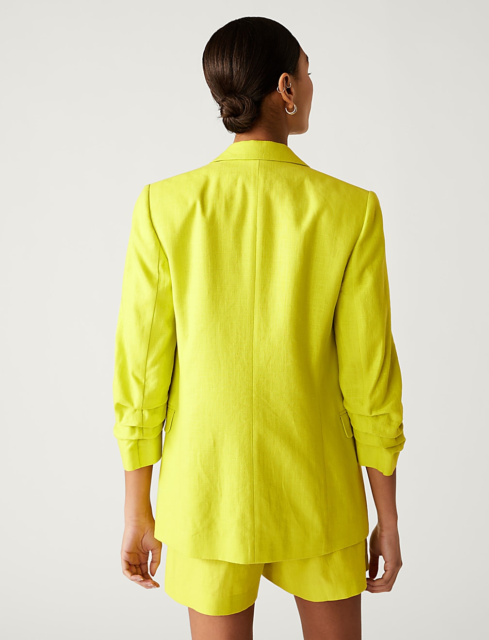 Linen Blend Ruched Sleeve Blazer