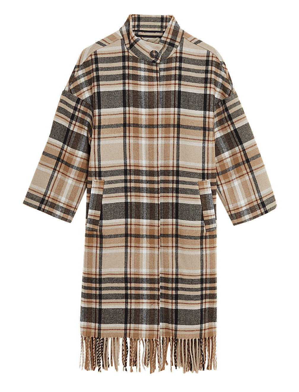 Checked Fringed Funnel Neck Coat with Wool