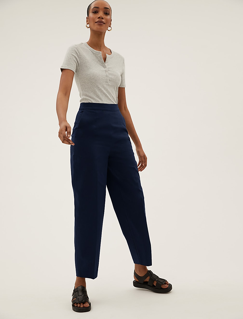 Buy Cotton Rich Barrel Leg Tapered Trousers at Marks Spencer