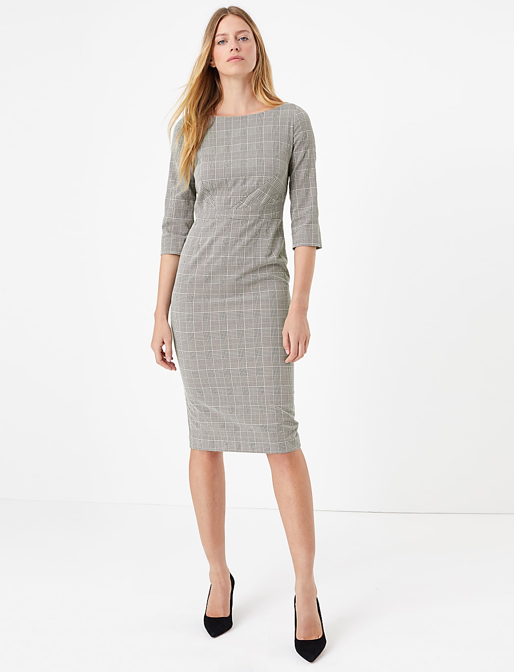 Cotton Blend Checked Midi Bodycon Dress